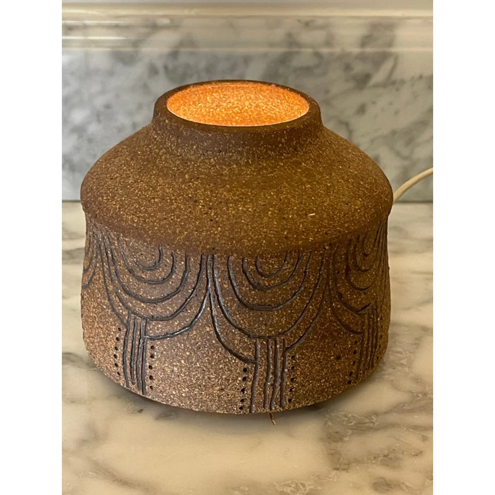 Ann Riggs Studio Pottery Lamp Warmer Carved Stoneware Cork Base Signed Vintage
